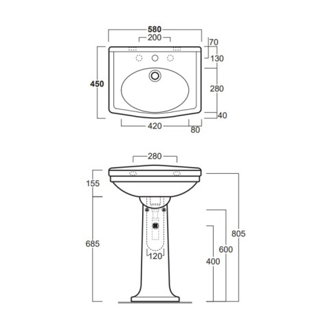 Раковина SIMAS LONDRA подвесная на пьедестал с тремя отверстиями цвет белый LO914.3